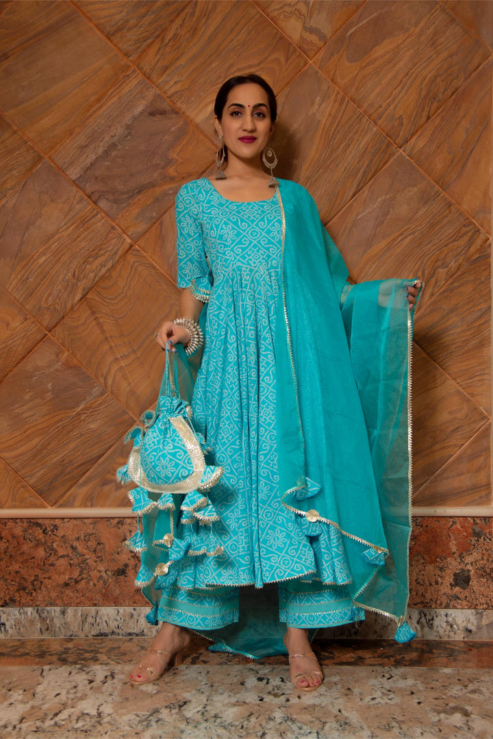 BANDHEJ BLUE COTTON ANARKALI SET | SHOBITAM