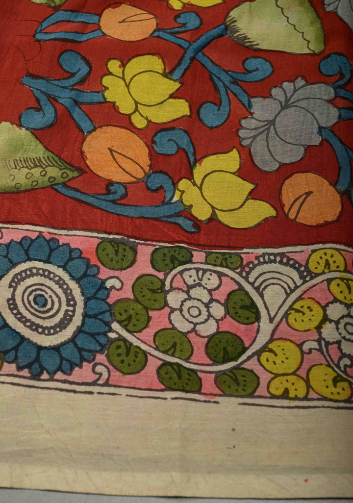 Krishna Rasa Leela Theme  : Authentic Pen Kalamkari on Pure Mangalagiri Silk Cotton Saree with Border | SHOBITAM