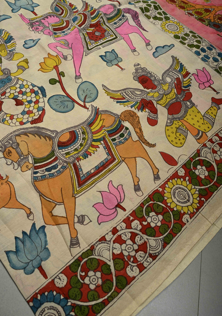 Krishna Rasa Leela Theme  : Authentic Pen Kalamkari on Pure Mangalagiri Silk Cotton Saree with Border | SHOBITAM