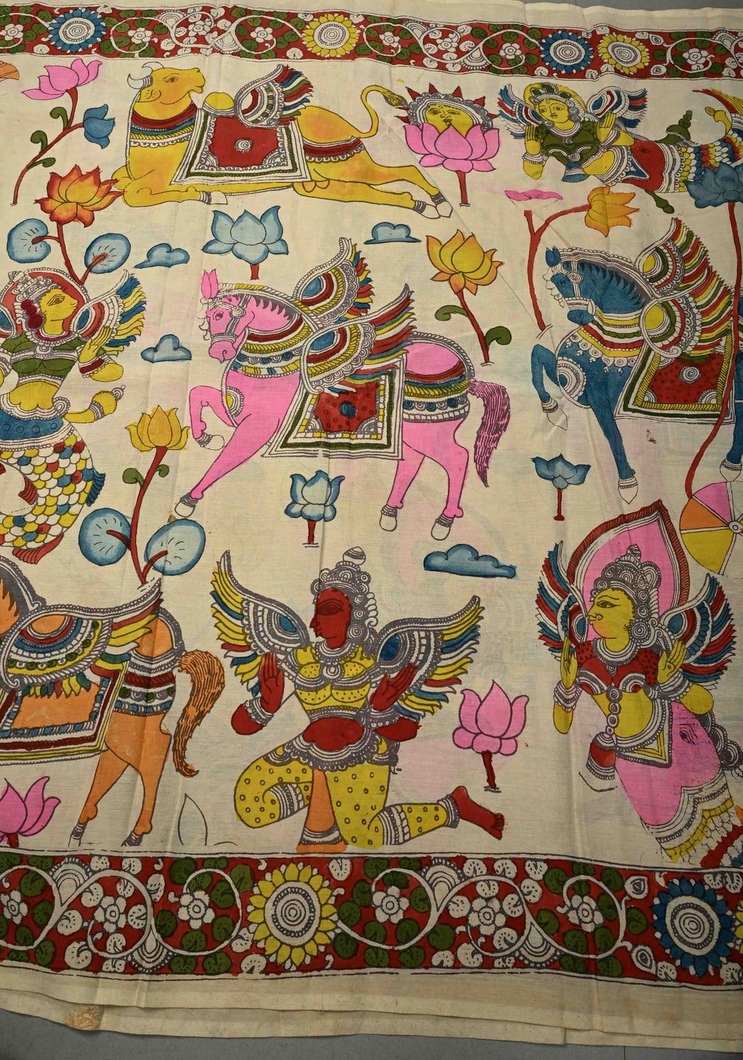 Krishna Rasa Leela Theme  : Authentic Pen Kalamkari on Pure Mangalagiri Silk Cotton Saree with Border | SHOBITAM