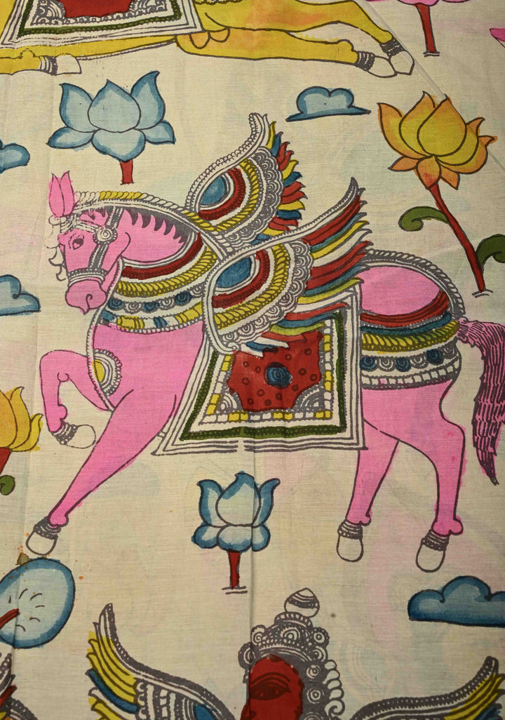 Krishna Rasa Leela Theme  : Authentic Pen Kalamkari on Pure Mangalagiri Silk Cotton Saree with Border | SHOBITAM