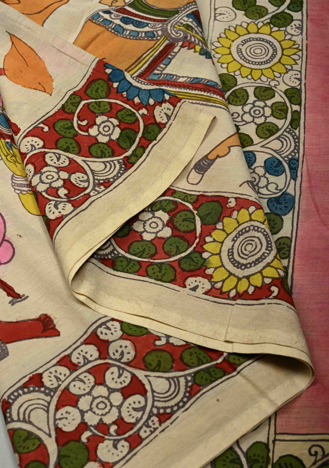 Krishna Rasa Leela Theme  : Authentic Pen Kalamkari on Pure Mangalagiri Silk Cotton Saree with Border | SHOBITAM