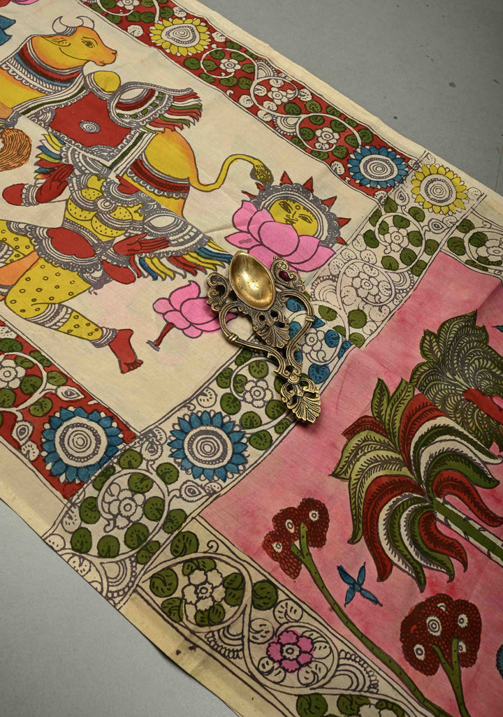 Krishna Rasa Leela Theme  : Authentic Pen Kalamkari on Pure Mangalagiri Silk Cotton Saree with Border | SHOBITAM