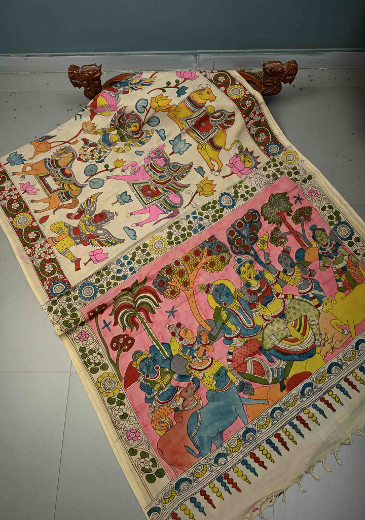 Krishna Rasa Leela Theme  : Authentic Pen Kalamkari on Pure Mangalagiri Silk Cotton Saree with Border | SHOBITAM