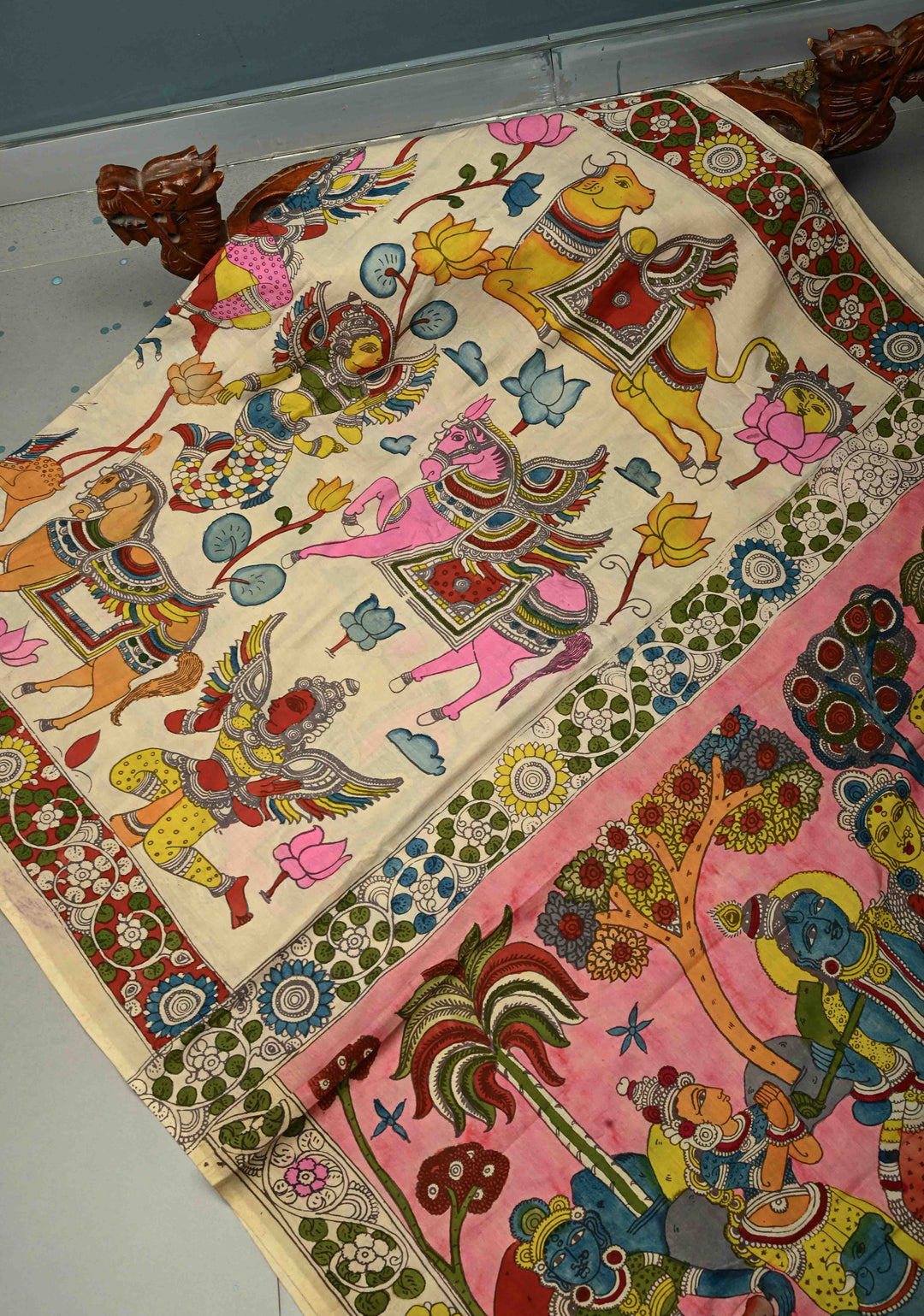 Krishna Rasa Leela Theme  : Authentic Pen Kalamkari on Pure Mangalagiri Silk Cotton Saree with Border | SHOBITAM