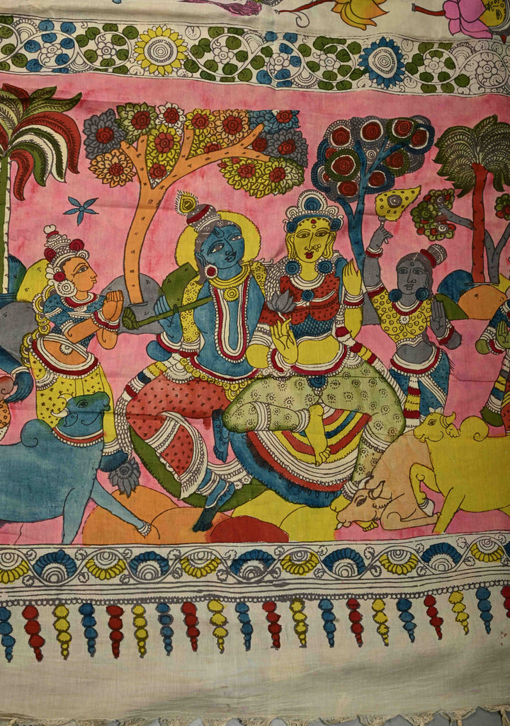 Krishna Rasa Leela Theme  : Authentic Pen Kalamkari on Pure Mangalagiri Silk Cotton Saree with Border | SHOBITAM