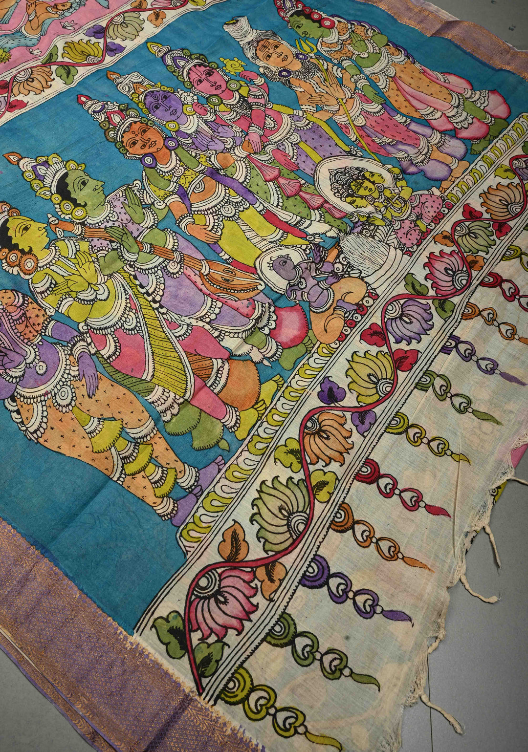 Lakshmi Narayana Marriage Theme  : Authentic Pen Kalamkari on Pure Mangalagiri Silk Cotton Saree with Contrast Zari Border | SHOBITAM