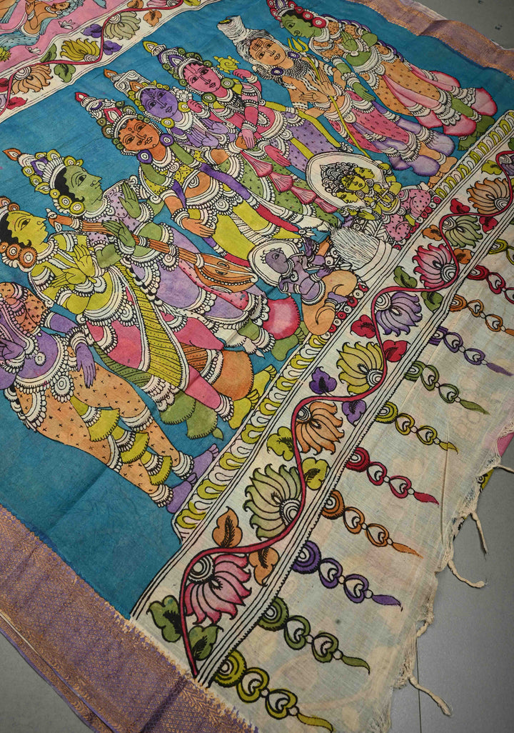 Lakshmi Narayana Marriage Theme  : Authentic Pen Kalamkari on Pure Mangalagiri Silk Cotton Saree with Contrast Zari Border | SHOBITAM