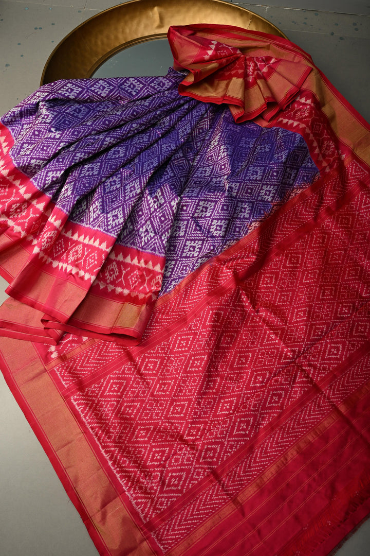 Purple Pochampally Ikkat Pure Silk Saree with Panel Design and Zari Borders  | SILK MARK CERTIFIED | SHOBITAM