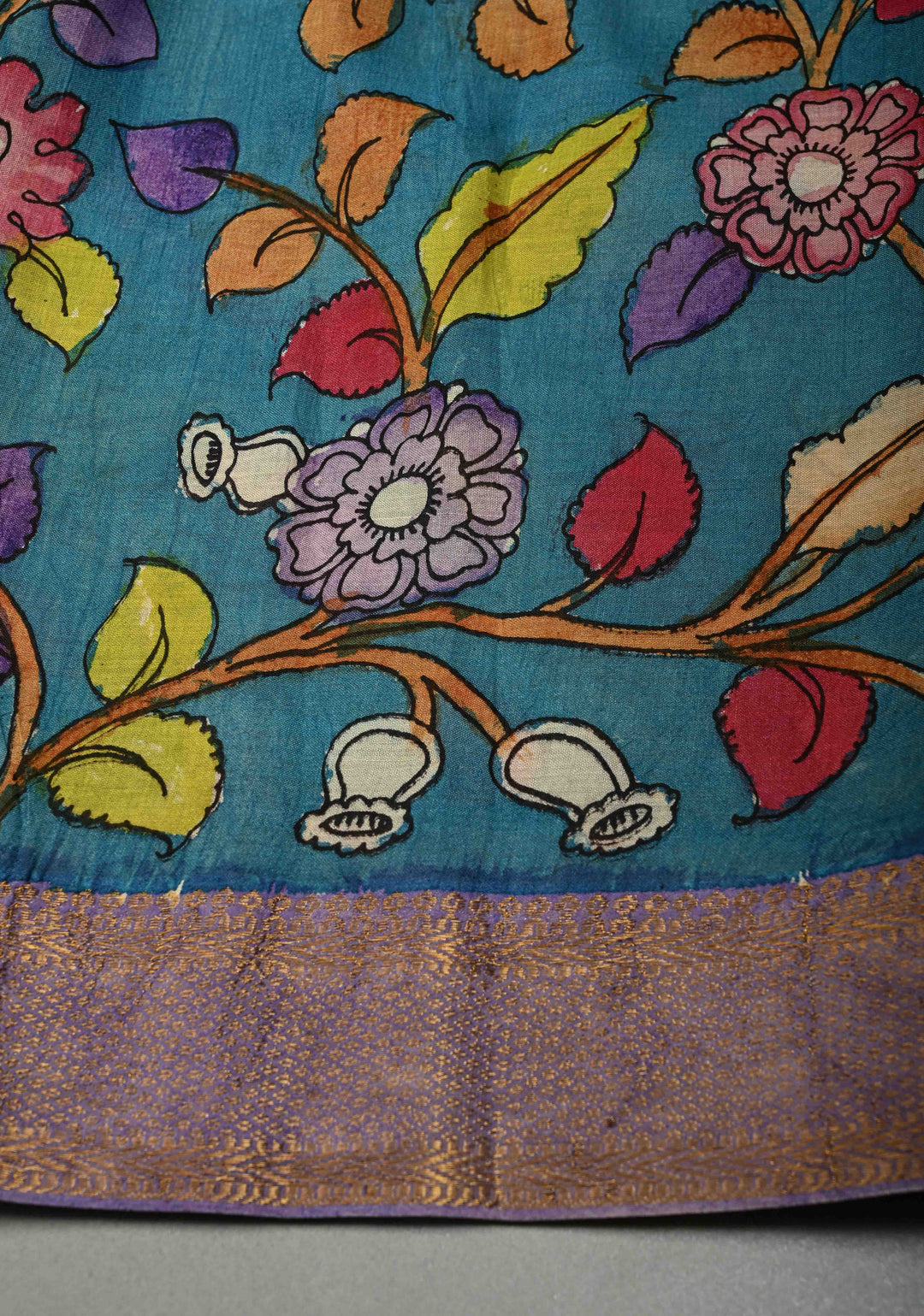 Lakshmi Narayana Marriage Theme  : Authentic Pen Kalamkari on Pure Mangalagiri Silk Cotton Saree with Contrast Zari Border | SHOBITAM