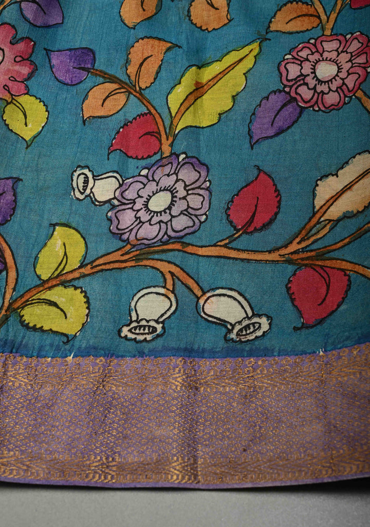 Lakshmi Narayana Marriage Theme  : Authentic Pen Kalamkari on Pure Mangalagiri Silk Cotton Saree with Contrast Zari Border | SHOBITAM