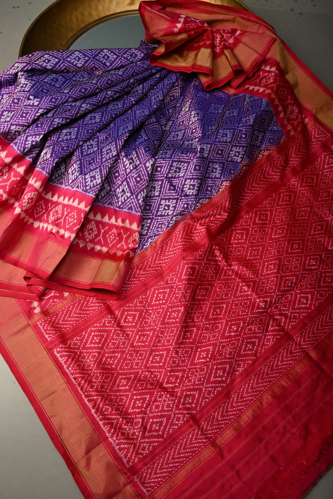 Purple Pochampally Ikkat Pure Silk Saree with Panel Design and Zari Borders  | SILK MARK CERTIFIED | SHOBITAM