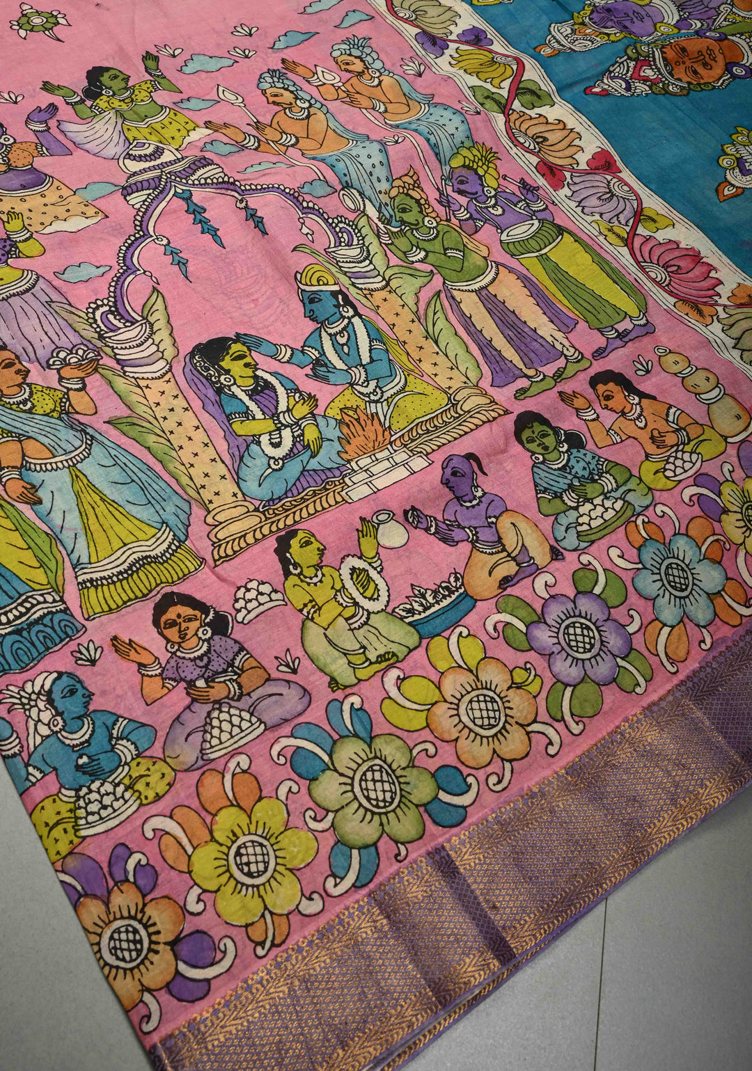 Lakshmi Narayana Marriage Theme  : Authentic Pen Kalamkari on Pure Mangalagiri Silk Cotton Saree with Contrast Zari Border | SHOBITAM