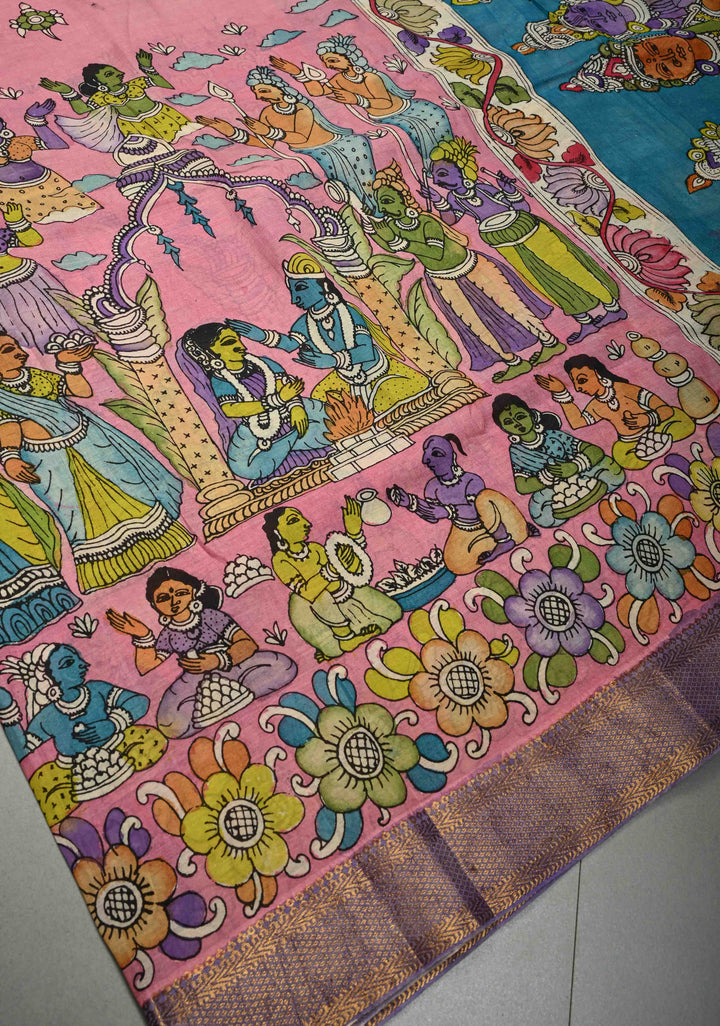 Lakshmi Narayana Marriage Theme  : Authentic Pen Kalamkari on Pure Mangalagiri Silk Cotton Saree with Contrast Zari Border | SHOBITAM