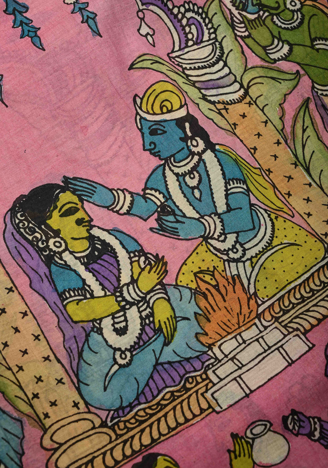 Lakshmi Narayana Marriage Theme  : Authentic Pen Kalamkari on Pure Mangalagiri Silk Cotton Saree with Contrast Zari Border | SHOBITAM