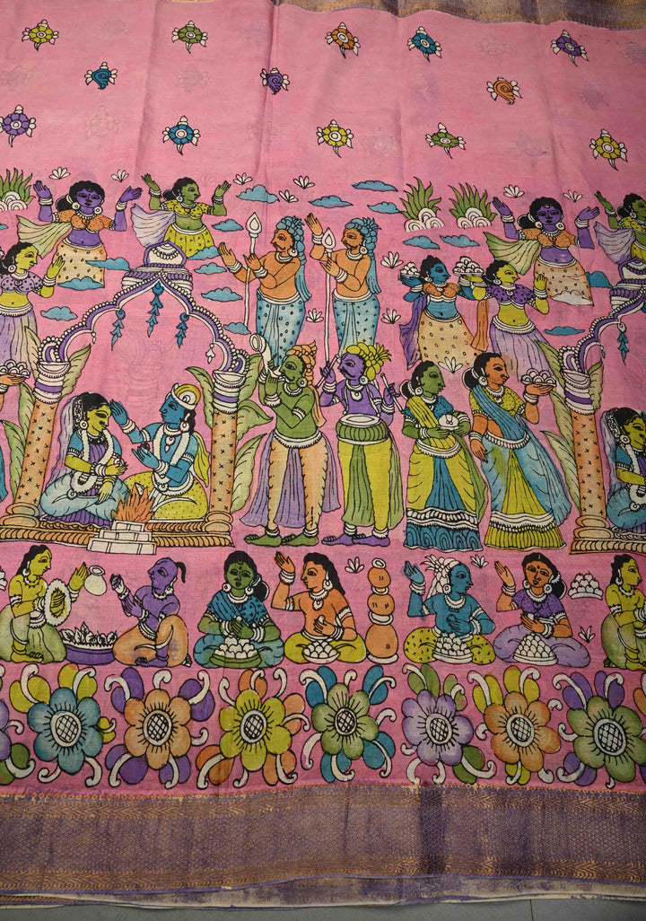 Lakshmi Narayana Marriage Theme  : Authentic Pen Kalamkari on Pure Mangalagiri Silk Cotton Saree with Contrast Zari Border | SHOBITAM