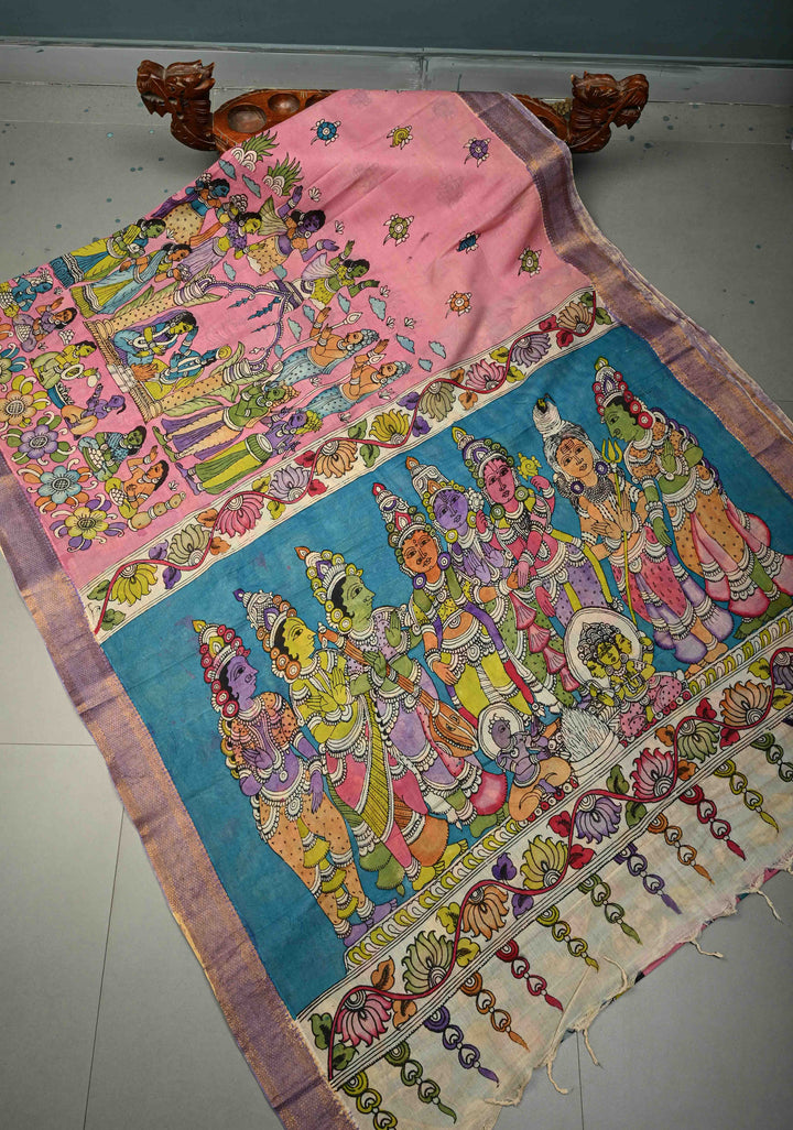 Lakshmi Narayana Marriage Theme  : Authentic Pen Kalamkari on Pure Mangalagiri Silk Cotton Saree with Contrast Zari Border | SHOBITAM