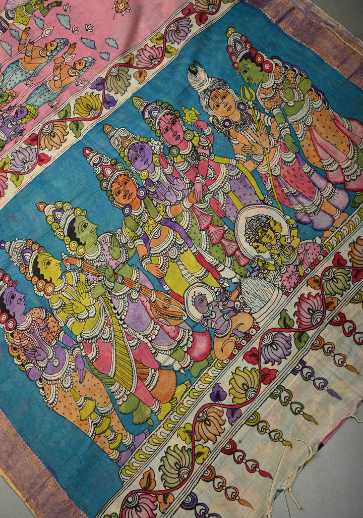 Lakshmi Narayana Marriage Theme  : Authentic Pen Kalamkari on Pure Mangalagiri Silk Cotton Saree with Contrast Zari Border | SHOBITAM