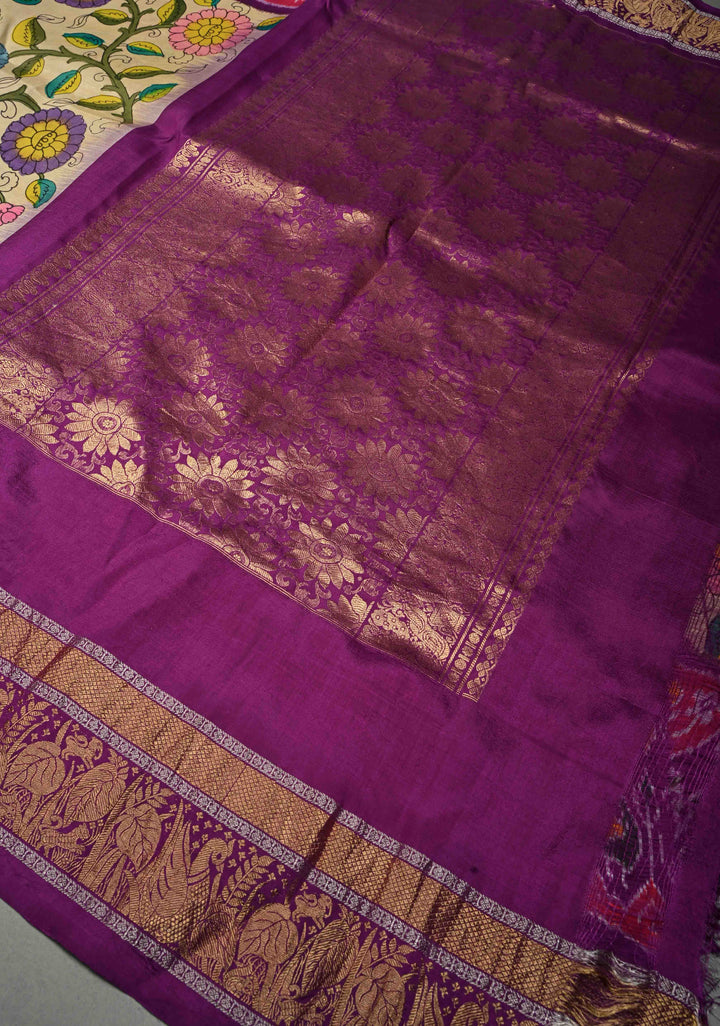 Authentic Pen Kalamkari Handpainted on Ikkat Pure Silk Saree with Contrast Ikkat Panel and Kanchi Border | SILK MARK CERTIFIED | SHOBITAM