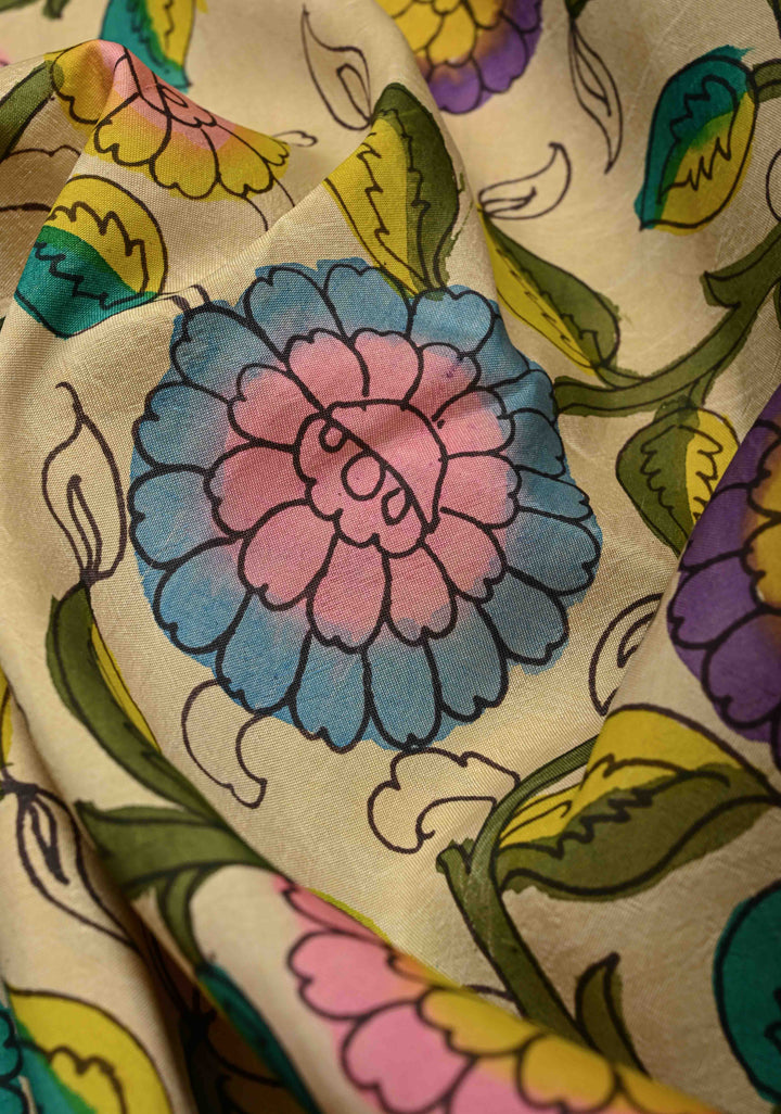 Authentic Pen Kalamkari Handpainted on Ikkat Pure Silk Saree with Contrast Ikkat Panel and Kanchi Border | SILK MARK CERTIFIED | SHOBITAM