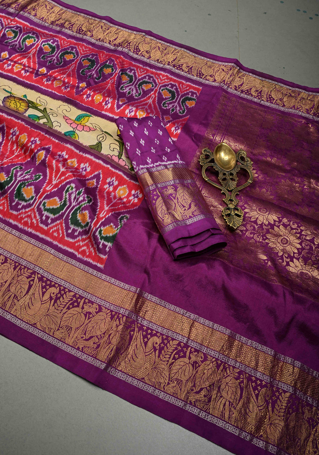 Authentic Pen Kalamkari Handpainted on Ikkat Pure Silk Saree with Contrast Ikkat Panel and Kanchi Border | SILK MARK CERTIFIED | SHOBITAM