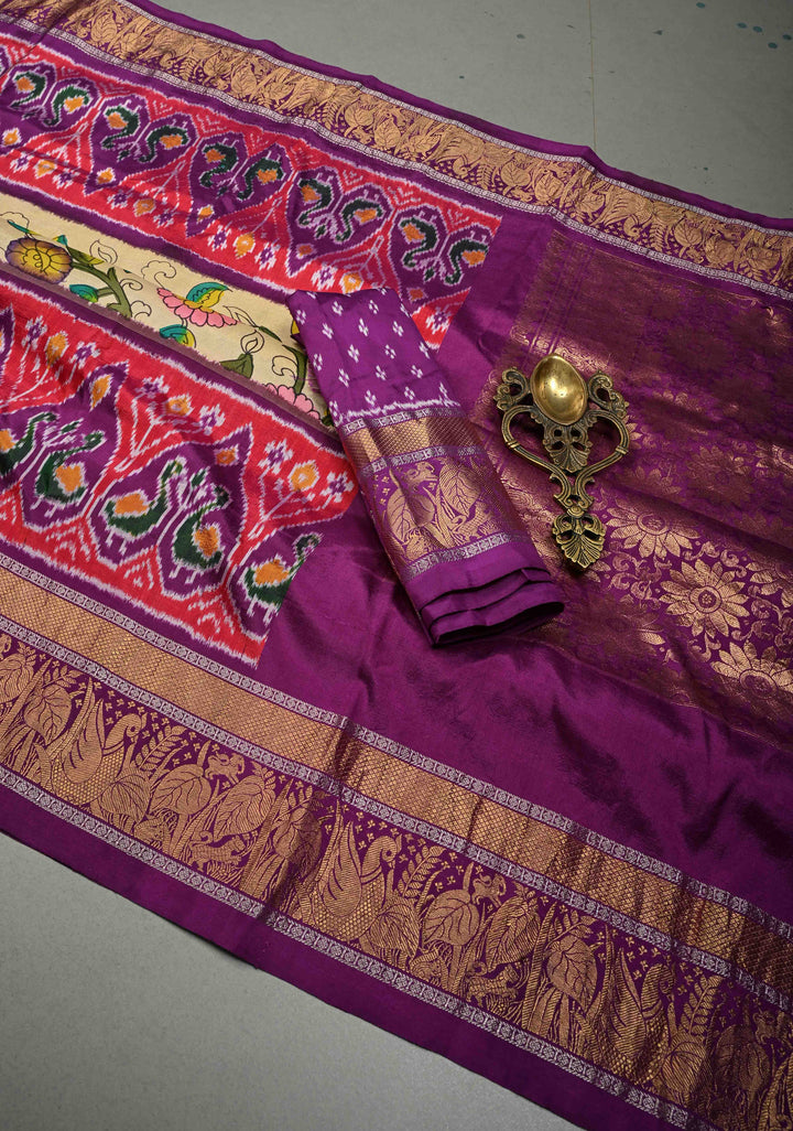 Authentic Pen Kalamkari Handpainted on Ikkat Pure Silk Saree with Contrast Ikkat Panel and Kanchi Border | SILK MARK CERTIFIED | SHOBITAM