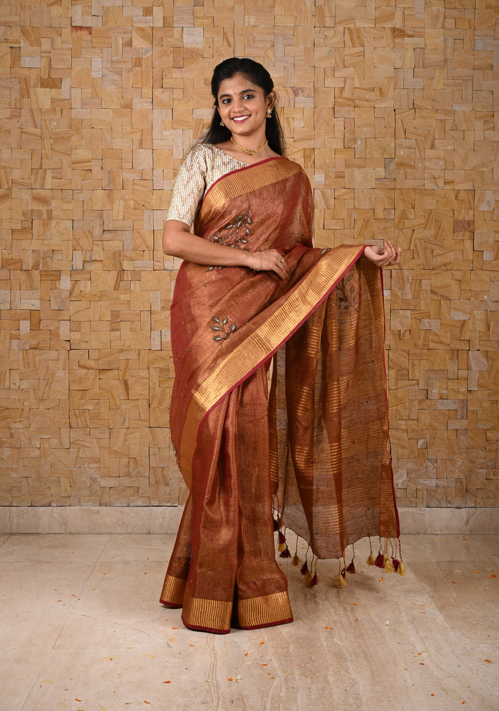Golden Tissue Linen Saree in Reddish-Brown with Bead Embellishments