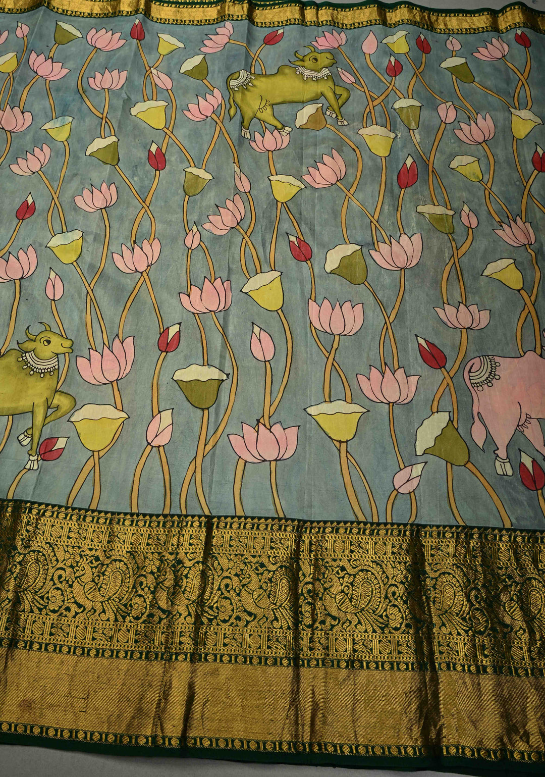 Pichwai and Srinathji Theme :  Authentic Pen Kalamkari Handpainted on Pure Kanjivaram Silk Saree with Contrast Zari Border | SILK MARK CERTIFIED | SHOBITAM
