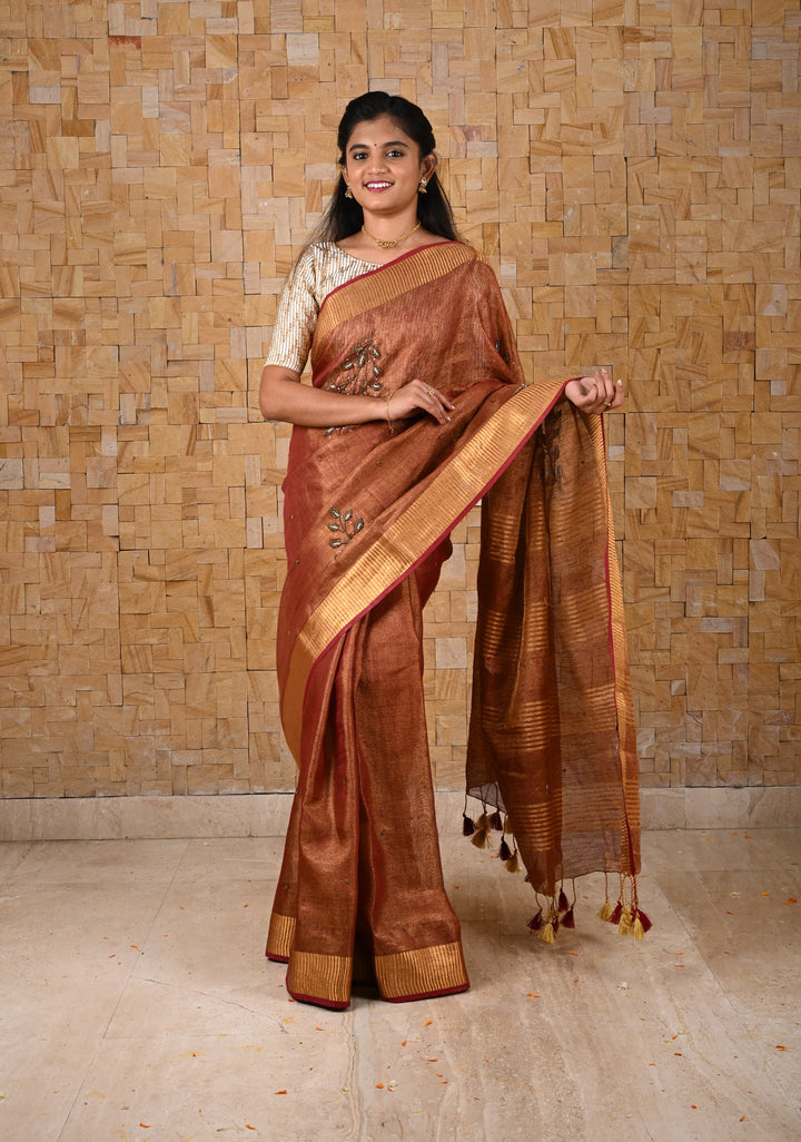 Golden Tissue Linen Saree in Reddish-Brown with Bead Embellishments