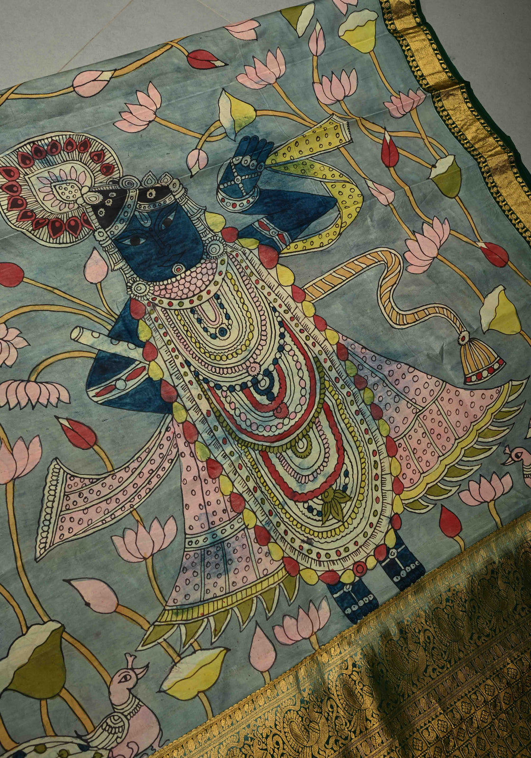 Pichwai and Srinathji Theme :  Authentic Pen Kalamkari Handpainted on Pure Kanjivaram Silk Saree with Contrast Zari Border | SILK MARK CERTIFIED | SHOBITAM