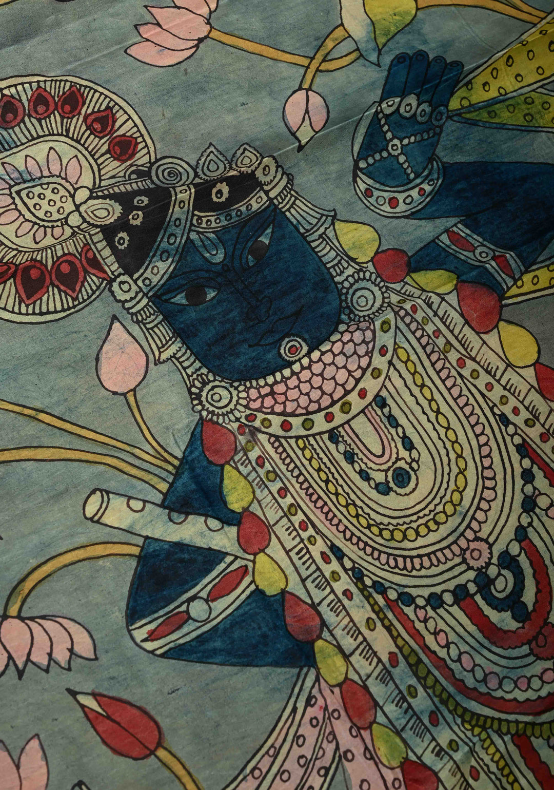 Pichwai and Srinathji Theme :  Authentic Pen Kalamkari Handpainted on Pure Kanjivaram Silk Saree with Contrast Zari Border | SILK MARK CERTIFIED | SHOBITAM