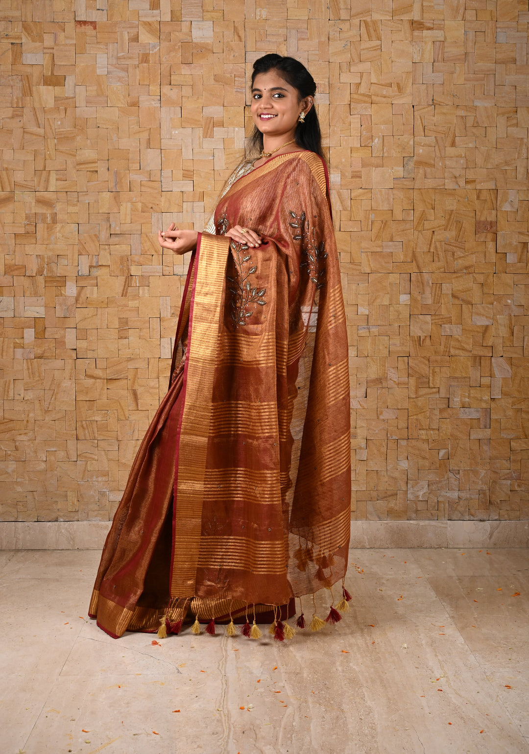 Golden Tissue Linen Saree in Reddish-Brown with Bead Embellishments