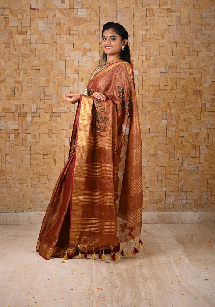Golden Tissue Linen Saree in Reddish-Brown with Bead Embellishments