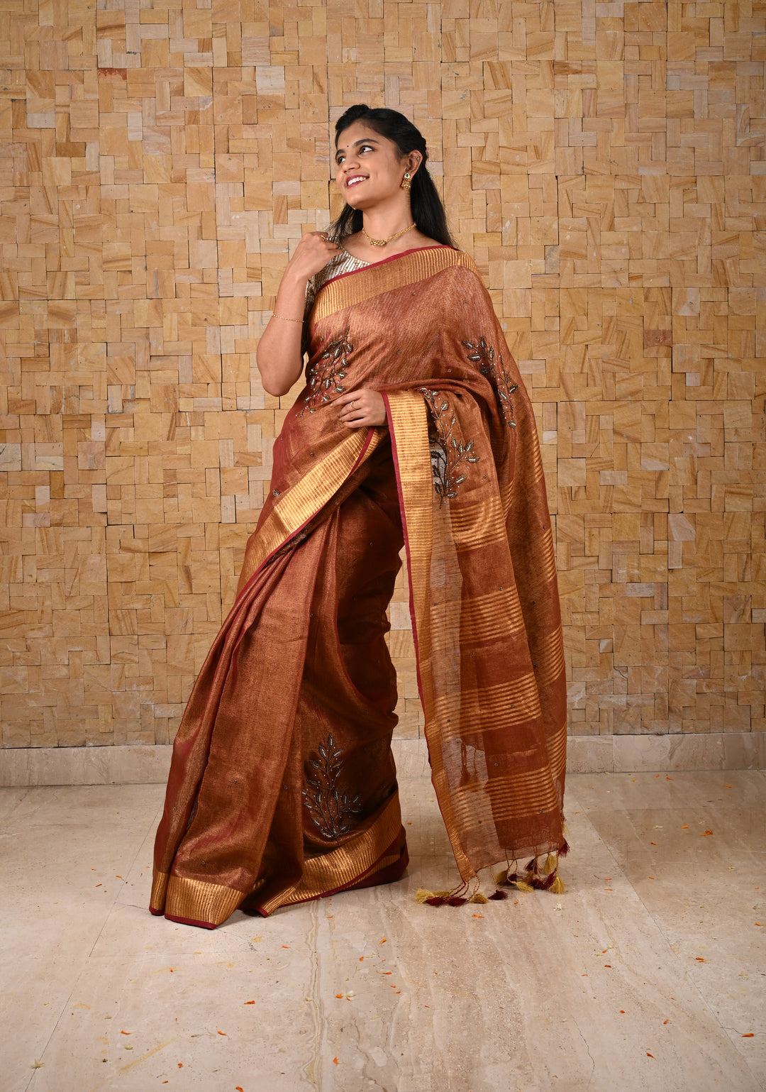 Golden Tissue Linen Saree in Reddish-Brown with Bead Embellishments