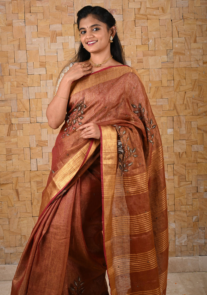 Golden Tissue Linen Saree in Reddish-Brown with Bead Embellishments