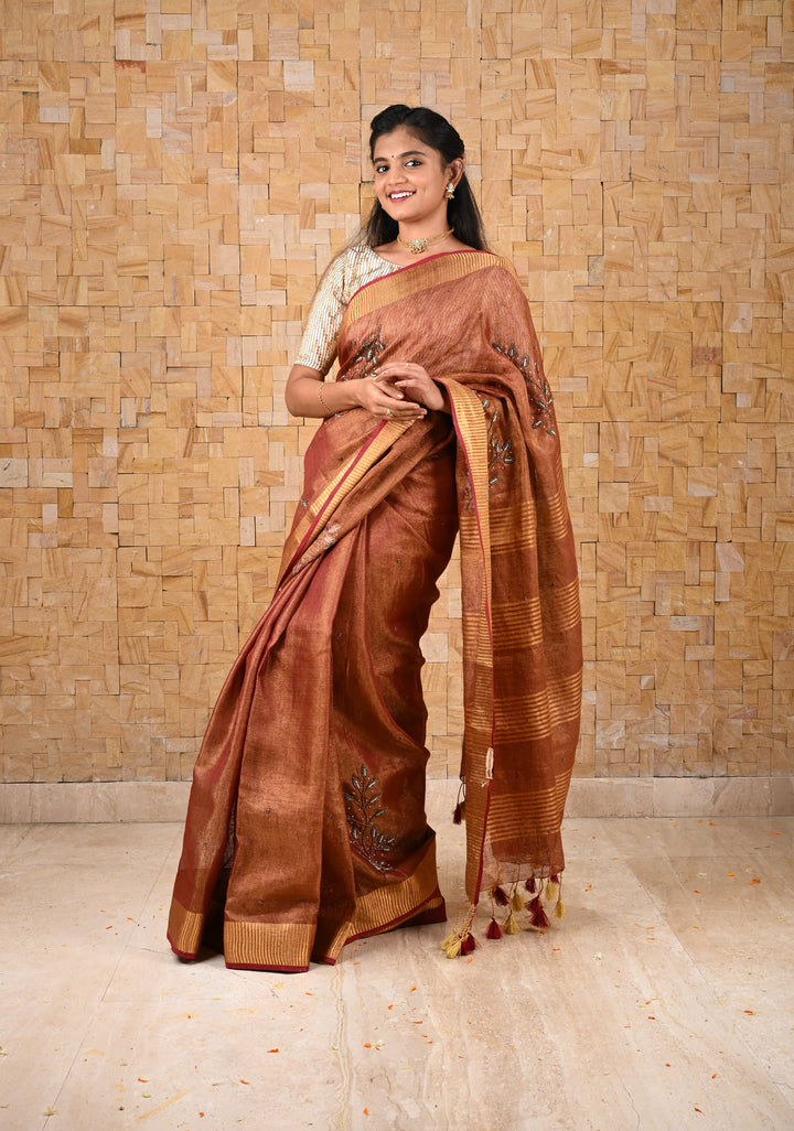 Golden Tissue Linen Saree in Reddish-Brown with Bead Embellishments