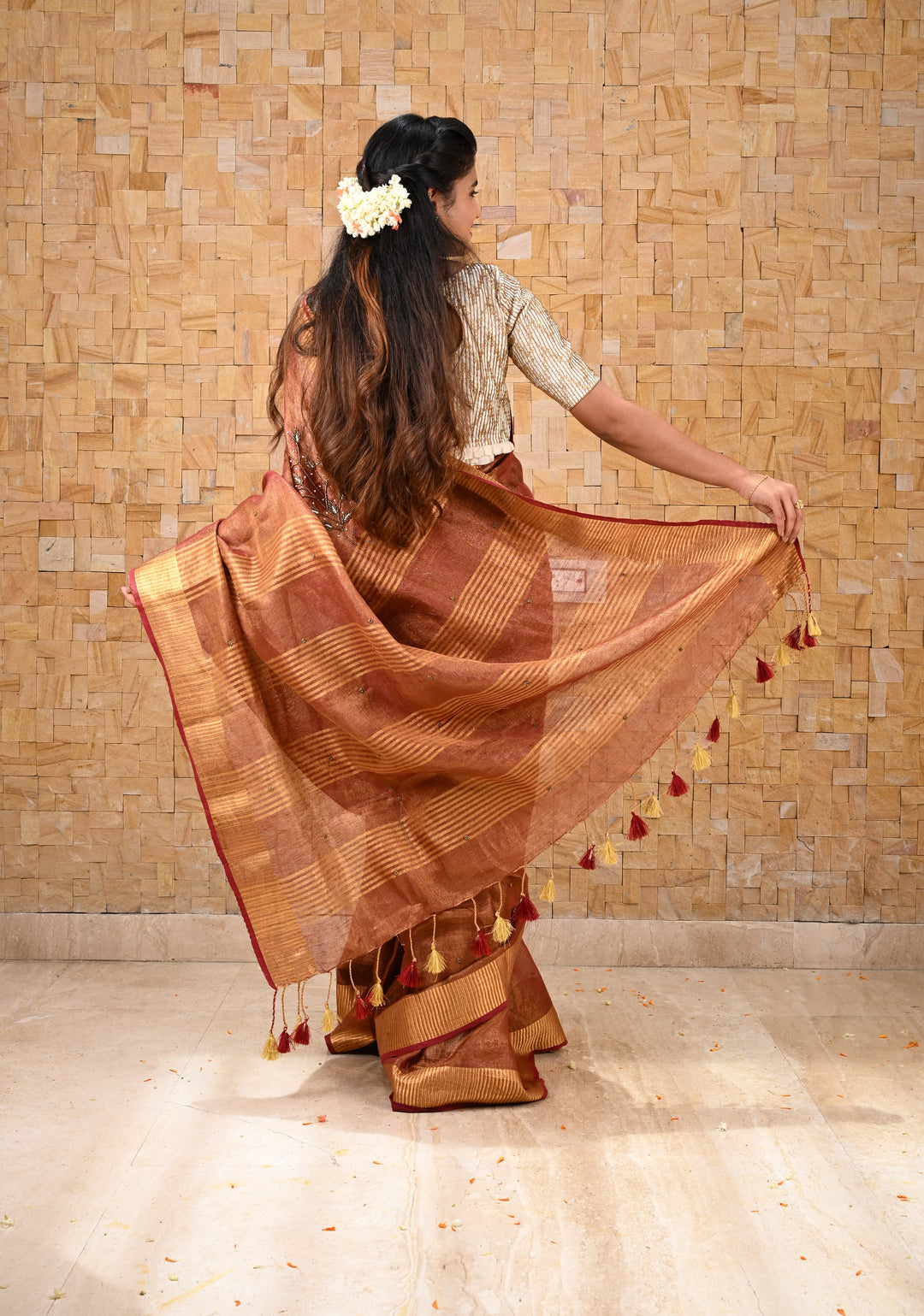 Golden Tissue Linen Saree in Reddish-Brown with Bead Embellishments