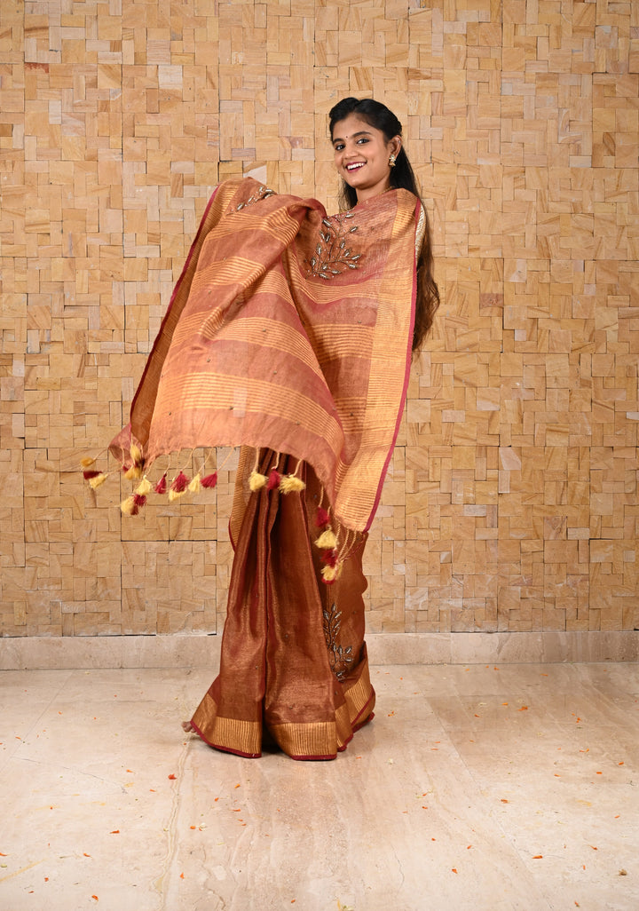 Golden Tissue Linen Saree in Reddish-Brown with Bead Embellishments