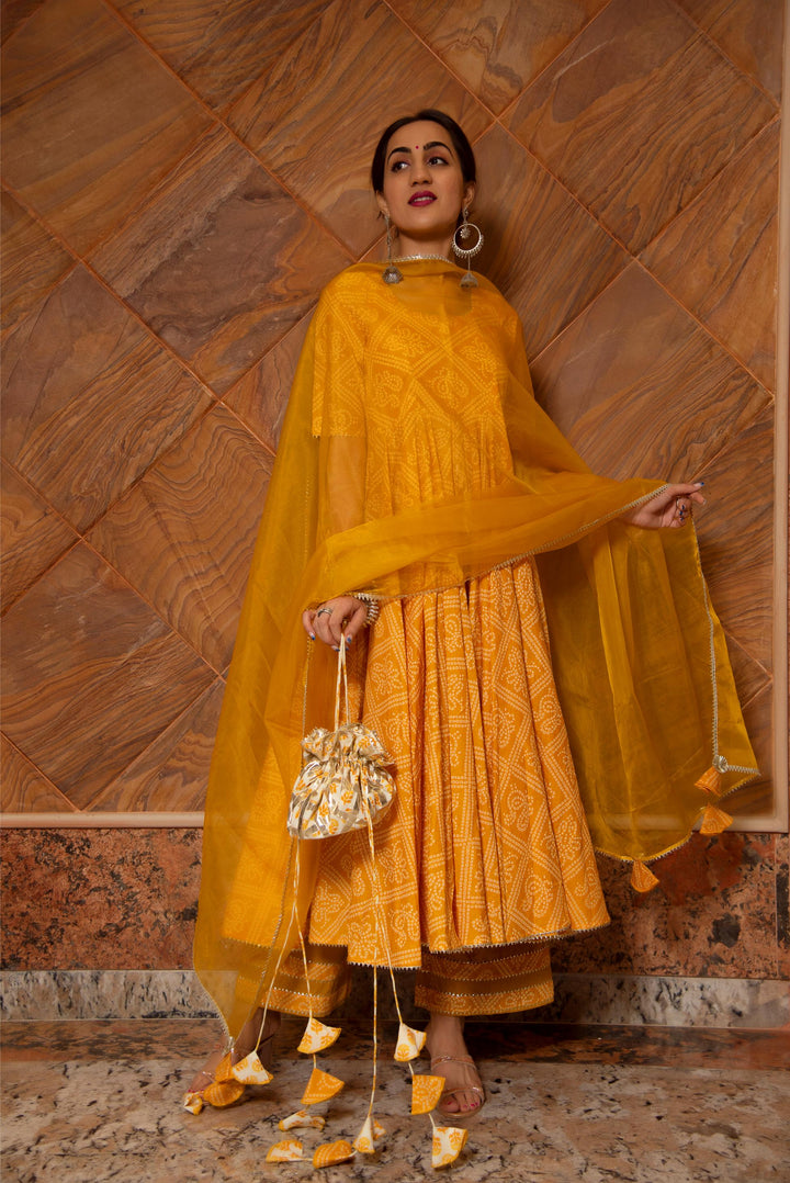 BANDHEJ YELLOW COTTON ANARKALI SET | SHOBITAM