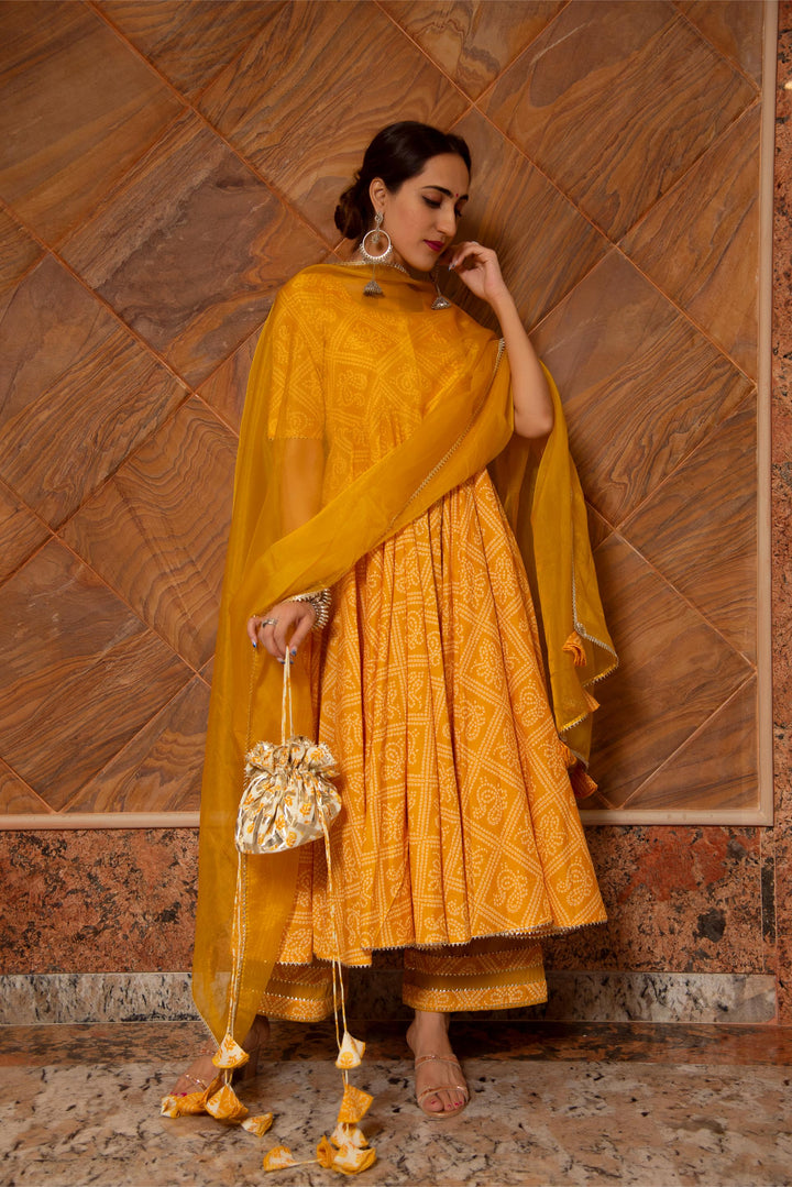 BANDHEJ YELLOW COTTON ANARKALI SET | SHOBITAM