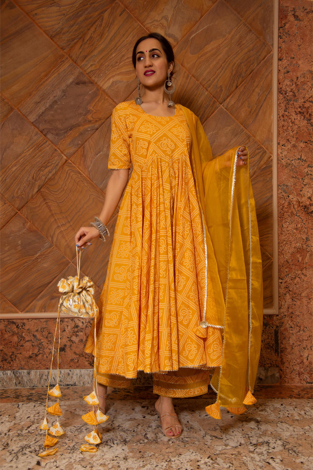 BANDHEJ YELLOW COTTON ANARKALI SET | SHOBITAM