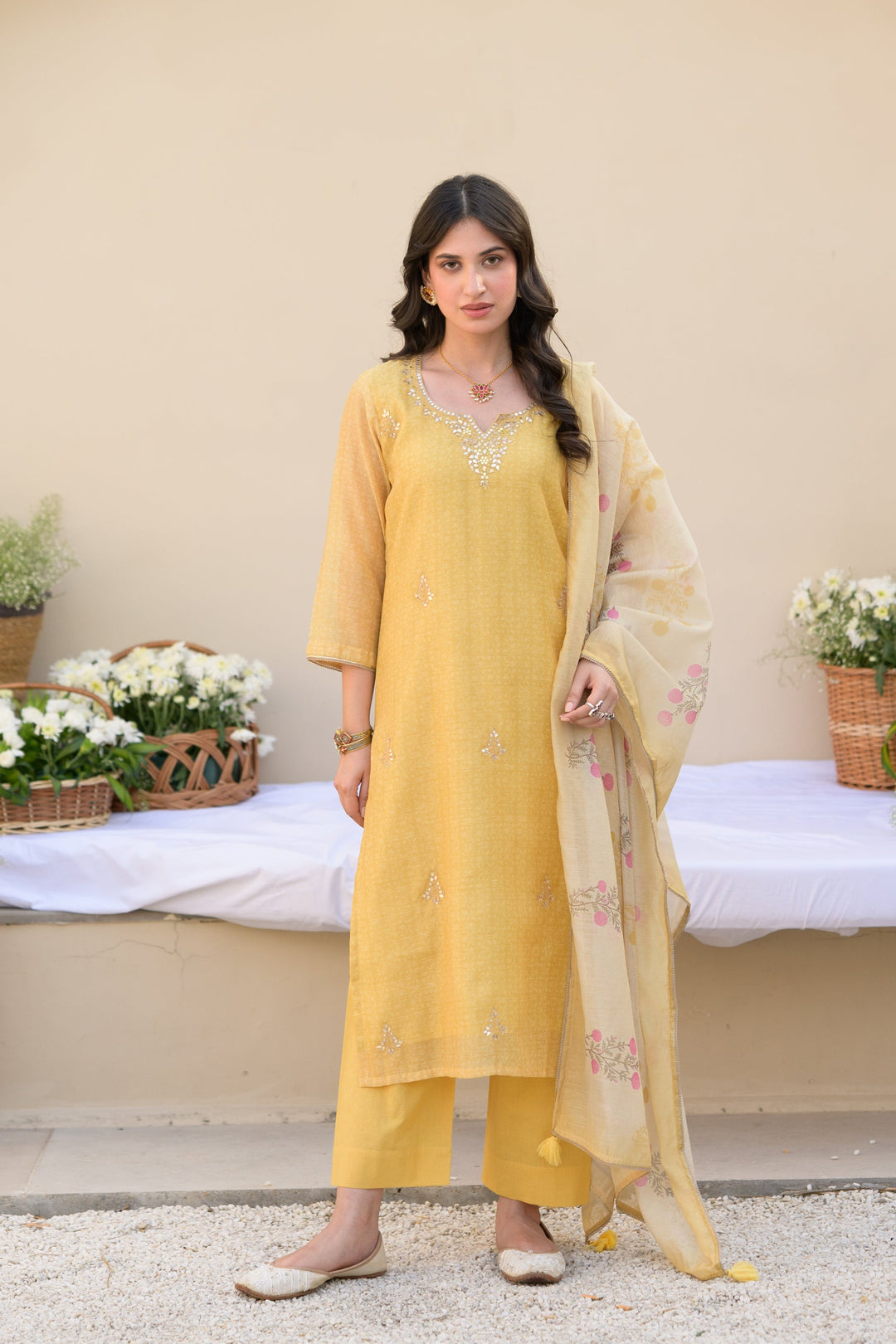 Canary Yellow Gota Work on Neck with Spread Kurta Work Chanderi Suit Set- SET OF-3 | SHOBITAM
