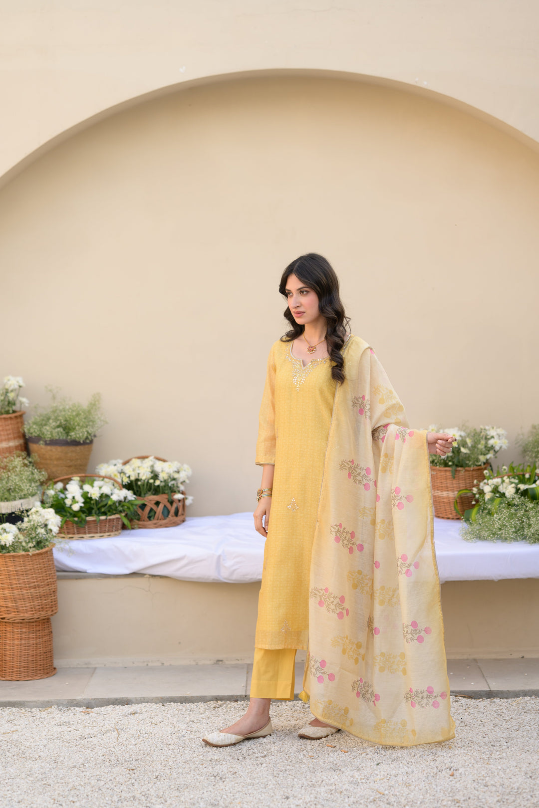 Canary Yellow Gota Work on Neck with Spread Kurta Work Chanderi Suit Set- SET OF-3 | SHOBITAM