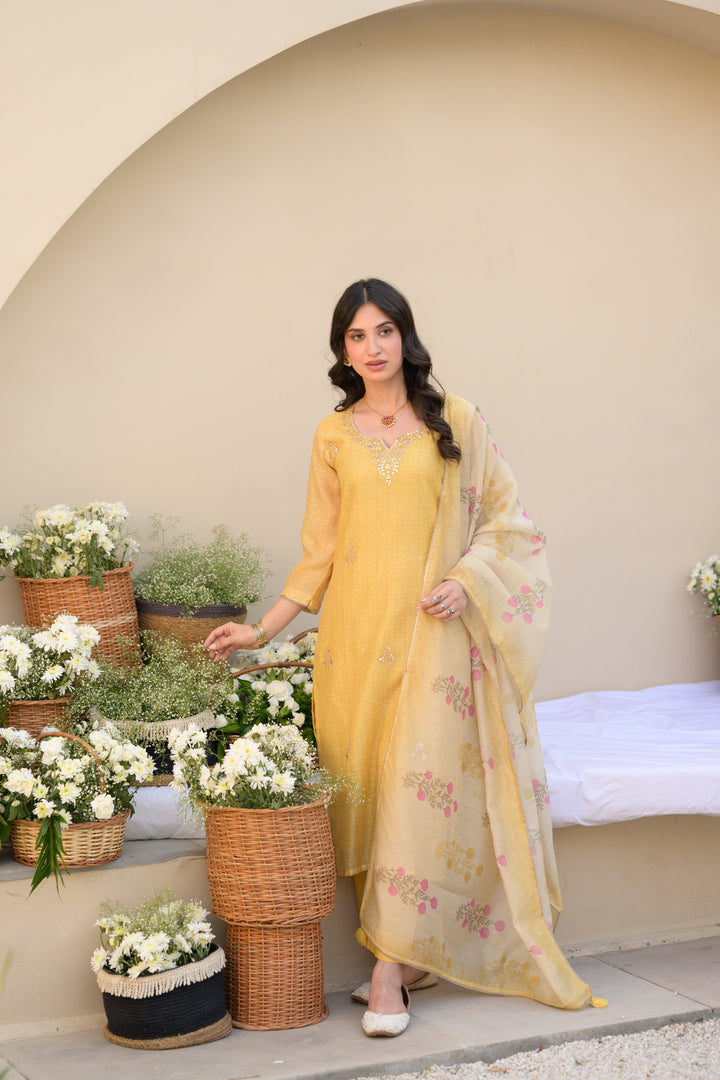 Canary Yellow Gota Work on Neck with Spread Kurta Work Chanderi Suit Set- SET OF-3 | SHOBITAM