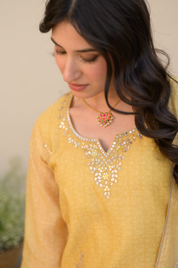 Canary Yellow Gota Work on Neck with Spread Kurta Work Chanderi Suit Set- SET OF-3 | SHOBITAM