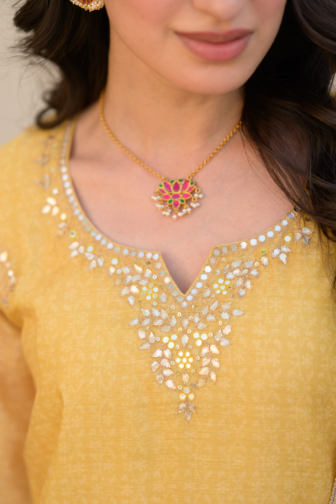 Canary Yellow Gota Work on Neck with Spread Kurta Work Chanderi Suit Set- SET OF-3 | SHOBITAM