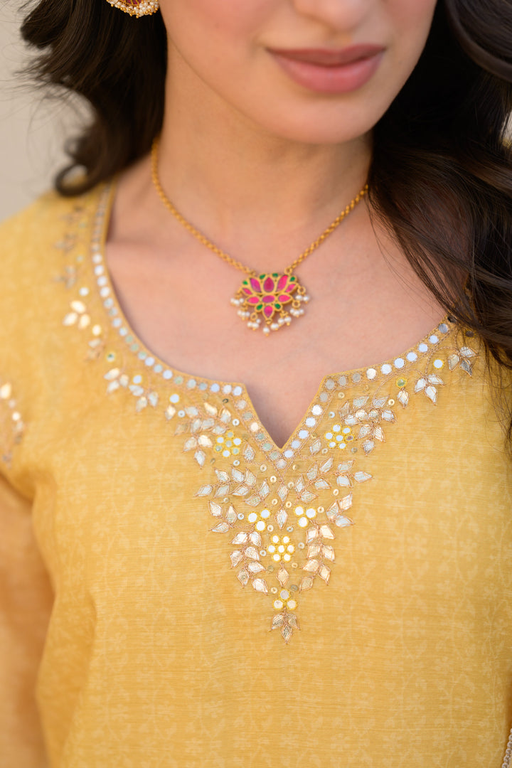 Canary Yellow Gota Work on Neck with Spread Kurta Work Chanderi Suit Set- SET OF-3 | SHOBITAM