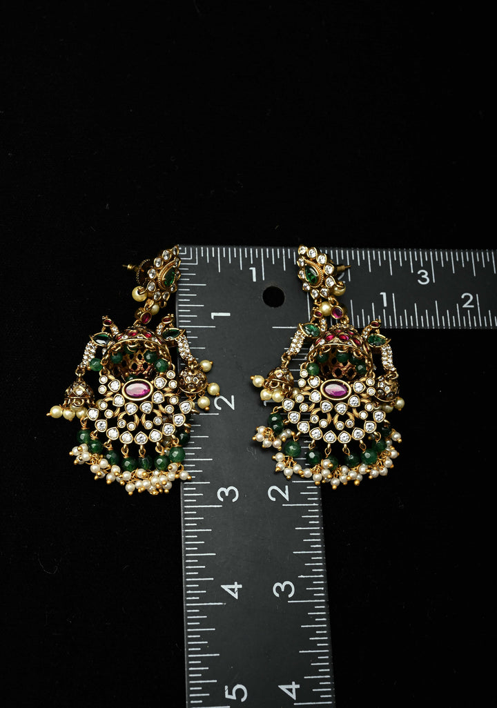 Chandelier Earrings in Antique Gold Tone with Kemp-Green Pearl Bali Peacock | SHOBITAM