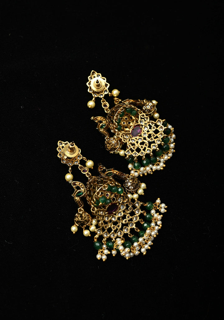 Chandelier Earrings in Antique Gold Tone with Kemp-Green Pearl Bali Peacock | SHOBITAM