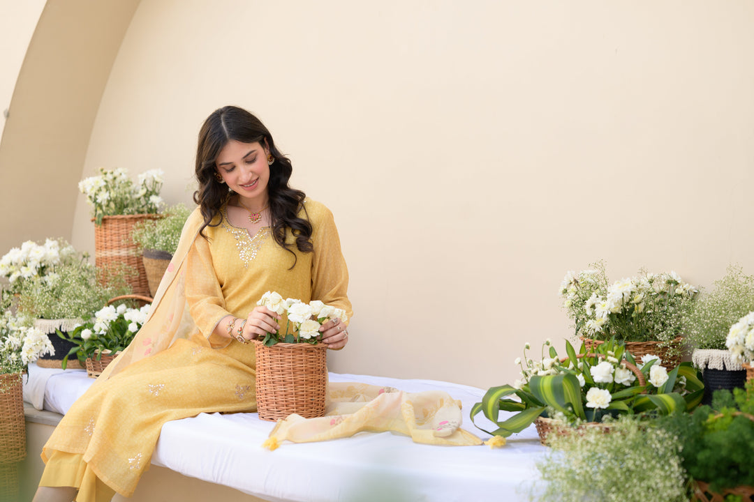 Canary Yellow Gota Work on Neck with Spread Kurta Work Chanderi Suit Set- SET OF-3 | SHOBITAM